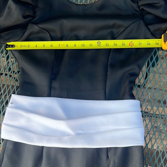 Black White Vintage 80s Puff Sleeves Ruffles Deep Back Dress Midi Maxi Split - Picture 6 of 10